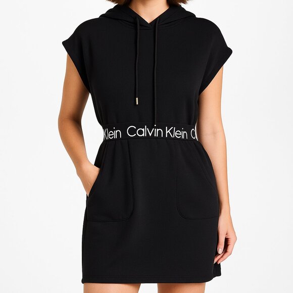 Calvin Klein Black Hoodie Short Sleeve Mini Dress with Pockets - Size M - GUC - Picture 1 of 13